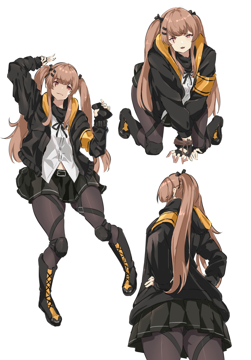 1girl :3 absurdres all_fours arm_up black_bow black_footwear black_panties black_ribbon black_skirt boots bound bound_wrists bow brown_hair cellphone closed_mouth commentary cross-laced_footwear english_commentary fingerless_gloves full_body girls'_frontline gloves hair_between_eyes hair_bow hair_ornament hairclip hands_on_own_hips highres holding holding_phone hood hooded_jacket jacket knee_pads kneeling lace-up_boots light_blush long_hair looking_at_viewer midriff_peek multiple_views mutugorou_u neck_ribbon panties pantyhose parted_lips phone red_eyes ribbon scar scar_across_eye scar_on_face shirt simple_background skirt smartphone smile twintails ump9_(girls'_frontline) underwear v white_background white_shirt yellow_armband