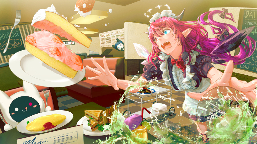 1girl absurdres alternate_costume anversailles apron asymmetrical_wings bare_arms blue_eyes bow bowtie cake center_frills crying crying_with_eyes_open crystal_wings cup detached_wings drink drinking_glass enmaided falling fangs fingernails fisheye food foreshortening fork frills fruit hair_bow halo heterochromia highres hololive hololive_english horns indoors irys_(hololive) long_hair looking_at_object low-tied_long_hair maid maid_apron maid_headdress multicolored_hair omelet open_mouth outstretched_hand pink_hair plate pointy_ears puffy_short_sleeves puffy_sleeves red_eyes red_hair robot sandwich short_sleeves spilling spread_fingers strawberry strawberry_shortcake table tamagoyaki tears tripping very_long_hair virtual_youtuber waitress wings