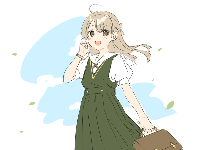 1girl :d ahoge blush brown_eyes brown_hair dress floating_hair green_dress highres holding kisaragi_hina long_hair looking_at_viewer original parted_bangs pinafore_dress pleated_dress puffy_short_sleeves puffy_sleeves school_briefcase school_uniform shirt short_sleeves sleeveless sleeveless_dress smile solo white_background white_shirt