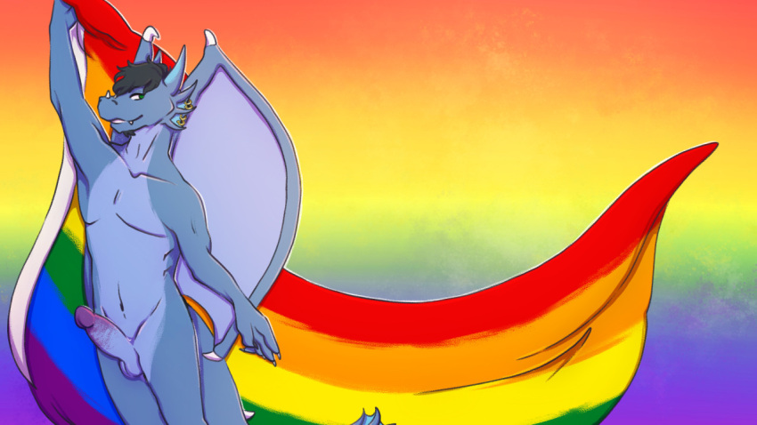 anthro balls black_hair blue_balls blue_body blue_penis blue_wings dragon ear_frill erection fangs flag frill_(anatomy) frill_piercing furgonomics furry-specific_piercing genitals glans green_eyes hair holding_flag holding_object humanoid_genitalia humanoid_penis lgbt_pride lionfloof looking_at_viewer male membrane_(anatomy) membranous_wings navel nose_spike nude penis piercing portrait pride_colors purple_glans rainbow_pride_colors short_hair smile solo standing teeth three-quarter_portrait wings
