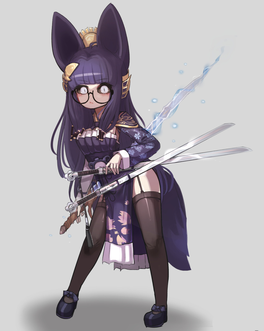 1girl absurdres ahoge animal_ears black_sclera black_thighhighs bow bowtie colored_sclera commission copyright_request dress glasses grey_background highres holding holding_sword holding_weapon hwaryeok jewelry long_hair multiple_swords purple_bow purple_dress purple_hair sidelocks solo sword tail thigh_strap thighhighs weapon white_eyes