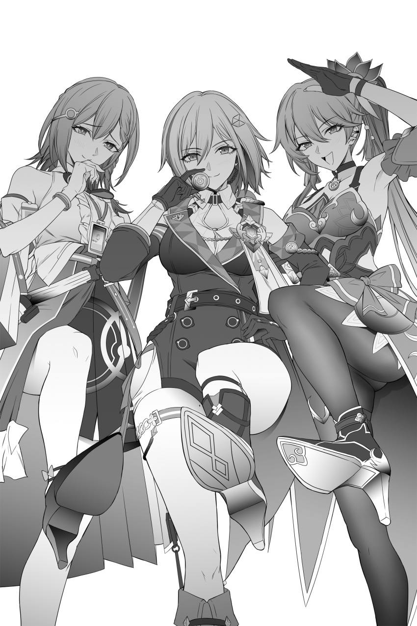 3girls absurdres asta_(honkai:_star_rail) boots bracelet closed_mouth coin dress foot_up from_below gloves greyscale guinaifen_(honkai:_star_rail) hair_between_eyes hair_ornament hand_on_own_hip hand_to_own_mouth high_heel_boots high_heels highres holding holding_coin honkai:_star_rail honkai_(series) id_card jewelry long_hair long_sleeves looking_at_viewer looking_down mole mole_on_thigh monochrome multiple_girls open_mouth pantyhose partially_fingerless_gloves shirt shoe_soles short_hair side_ponytail simple_background skirt smile standing standing_on_one_leg takai_isshiki topaz_(honkai:_star_rail) white_background