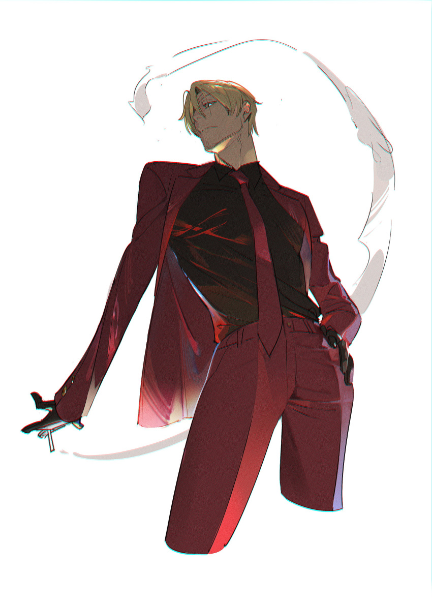 1boy absurdres black_gloves black_shirt cigarette dr11ge gloves hand_on_own_hip highres looking_down necktie one_piece pants red_necktie red_pants red_suit sanji_(one_piece) shirt smoke_trail suit white_background