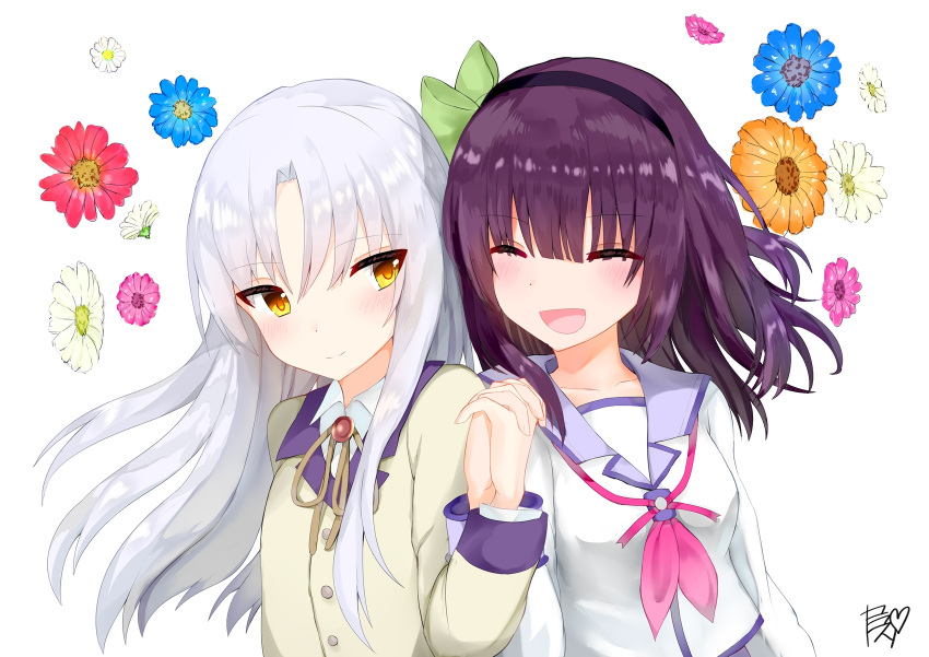 2girls angel_beats! blazer hairband highres interlocked_fingers jacket long_hair medium_hair multiple_girls nakamura_yuri purple_hair ruri-urasue-1224 school_uniform serafuku shinda_sekai_sensen_uniform tachibana_kanade white_background white_hair yellow_eyes