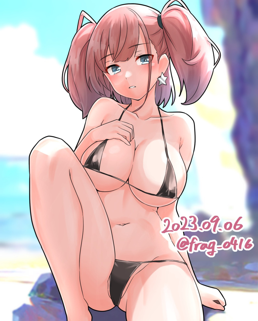 1girl anchor_hair_ornament atlanta_(kancolle) bikini black_bikini blue_sky breasts brown_hair cleavage cloud dated day earrings feet_out_of_frame furaggu_(frag_0416) grey_eyes hair_ornament highres jewelry kantai_collection large_breasts long_hair micro_bikini navel one-hour_drawing_challenge outdoors parted_lips sitting sky solo star_(symbol) star_earrings swimsuit twitter_username two_side_up
