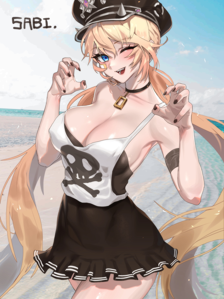 1girl absurdres artist_name bandaid bandaid_on_face black_choker black_dress black_headwear black_nails blonde_hair blue_eyes breasts character_request choker claw_pose cleavage commentary_request day dress elsword hair_between_eyes hands_up hat highres horizon korean_commentary large_breasts long_hair looking_at_viewer nail_polish one_eye_closed open_mouth outdoors peaked_cap sabi_(ghke4333) shirt short_dress smile solo spiked_hat standing strap_slip strapless strapless_dress tank_top twintails very_long_hair water white_shirt white_tank_top