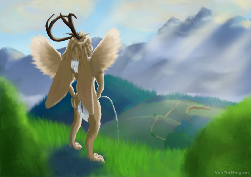 2023 absurd_res anthro antlers bodily_fluids brown_body brown_fur detailed_background digital_media_(artwork) digital_painting_(artwork) forest fur genital_fluids grass hand_on_butt hi_res horn lagomorph lambert_(vonfluffington) landscape male male_peeing mammal mountain nature outside peeing peeing_on_ground plant rear_view solo spread_wings tree urine urine_stream vonfluffington wings wolpertinger