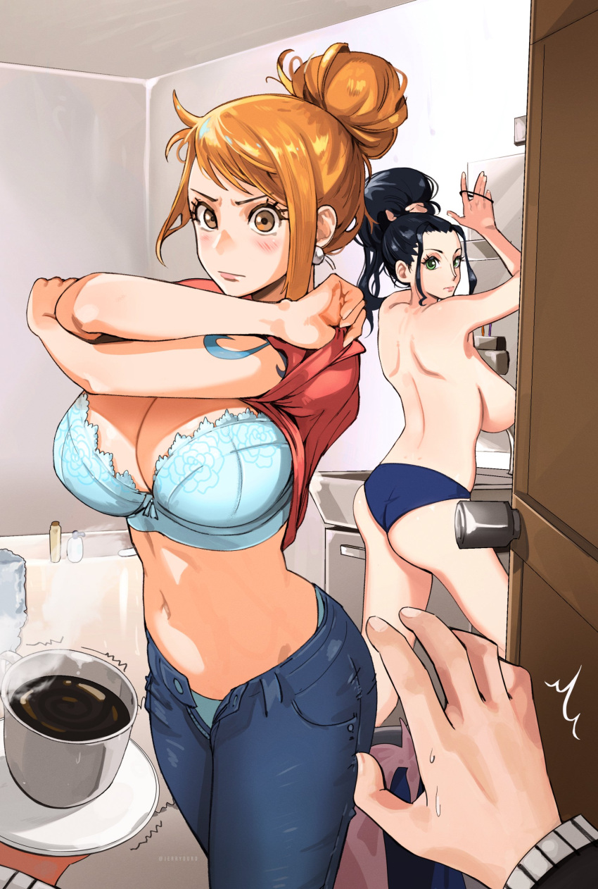 1boy 2girls absurdres bathroom bathtub black_hair blue_bra blue_panties bra breasts brown_eyes cleavage closed_mouth clothes_lift coffee coffee_mug convenient_censoring cup denim doorknob earrings english_commentary green_eyes highres holding holding_hair_tie holding_plate indoors jeans jewelry joy_boy large_breasts lifted_by_self long_hair looking_at_viewer mirror mug multiple_girls nami_(one_piece) navel nico_robin one_piece open_pants opening_door orange_hair panties pants pearl_earrings plate pov red_shirt sanji_(one_piece) shirt shirt_lift shoulder_blades shoulder_tattoo surprised tattoo topless tying_hair underwear undressing updo