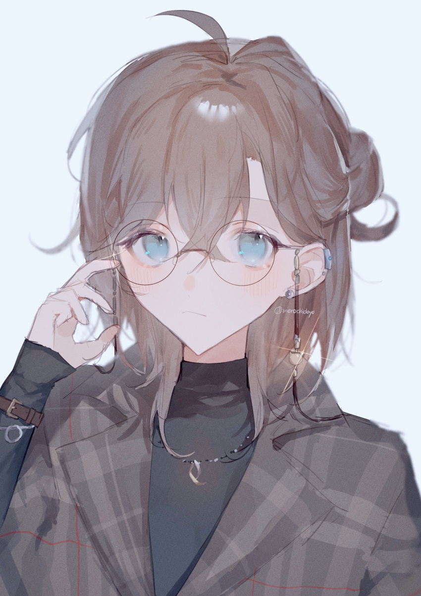 1boy absurdres ahoge blue_eyes brown_hair coat ear_piercing eyewear_strap glasses grey_coat highres kanae_(nijisanji) male_focus merochi_(jrwn5423) nijisanji piercing plaid_coat round_eyewear solo turtleneck virtual_youtuber