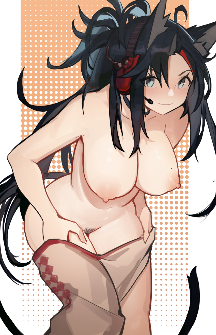 1girl absurdres animal_ear_fluff animal_ears arknights black_hair blaze_(arknights) blush breasts cat_ears cat_girl cat_tail closed_mouth collarbone commission cowboy_shot distr female_pubic_hair grey_eyes hanging_breasts headset highres implied_extra_ears large_breasts leaning_forward long_hair looking_at_viewer mole mole_on_breast nipples parted_bangs ponytail pubic_hair slit_pupils smile standing tail undressing very_long_hair