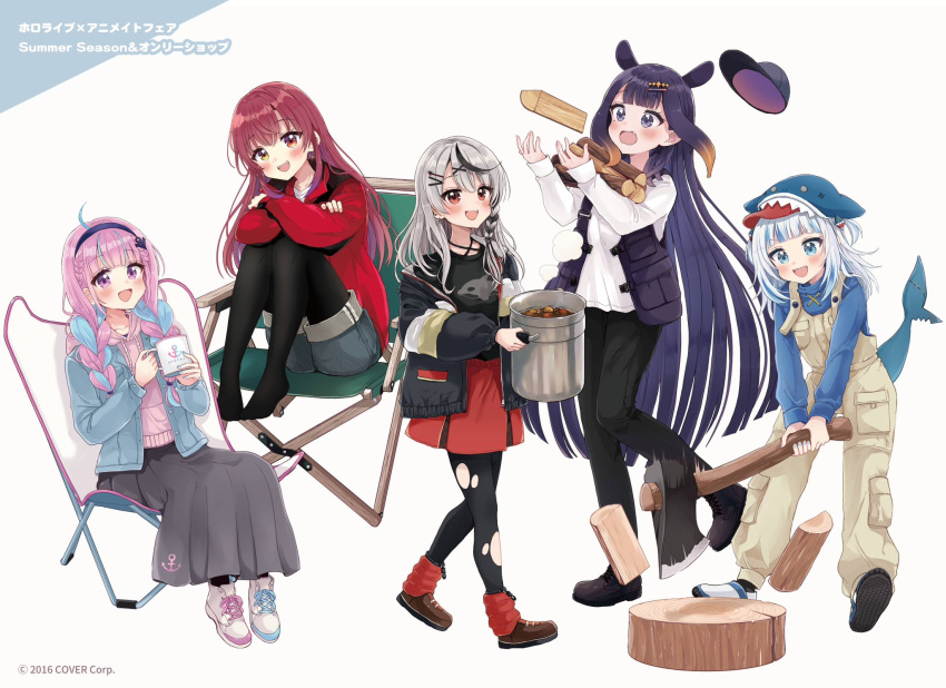 5girls :d ahoge anchor_hair_ornament anchor_symbol asymmetrical_footwear axe baseball_cap black_footwear black_hair black_headwear black_jacket black_pantyhose black_shirt black_vest blue_eyes blue_hair blue_hairband blue_headwear blue_jacket blush boots braid brown_footwear brown_hair commentary_request cooking_pot cross-laced_footwear cup drawstring fang fins firewood fish_tail food gawr_gura gradient_hair grey_background grey_hair grey_shorts grey_skirt hair_ornament hair_over_shoulder hairband hairclip hat hat_removed headwear_removed heterochromia highres holding holding_axe holding_cup hololive hololive_english hood hood_down hoodie houshou_marine jacket lace-up_boots long_hair long_skirt low_twintails minato_aqua mismatched_footwear motion_blur mug multicolored_hair multiple_girls ninomae_ina'nis off_shoulder open_clothes open_jacket open_vest overalls pantyhose pantyhose_under_shorts pink_hair pink_hoodie purple_eyes purple_hair red_eyes red_hair red_jacket red_skirt sakamata_chloe sakura_oriko shark_tail sharp_teeth shirt shoe_soles shoes short_shorts shorts skirt smile standing standing_on_one_leg streaked_hair tail teeth torn_clothes torn_pantyhose twin_braids twintails two-tone_background two-tone_hair two_side_up umisea very_long_hair vest walking wavy_mouth white_footwear x_hair_ornament yellow_eyes