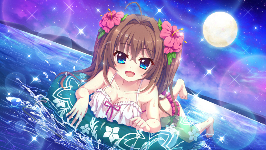 1girl :d ahoge bikini blue_eyes breasts brown_hair cleavage cloud collarbone dot_nose dutch_angle film_grain floral_print flower full_moon game_cg hair_flower hair_ornament hibiscus izumi_tsubasu large_breasts lens_flare looking_at_viewer lying moon mountainous_horizon night night_sky non-web_source ocean official_art on_innertube on_stomach open_mouth outdoors pink_ribbon pink_trim print_innertube re:stage! ribbon shikimiya_aone sky smile solo sparkle splashing star_(sky) starry_sky swimsuit two_side_up water_drop white_bikini