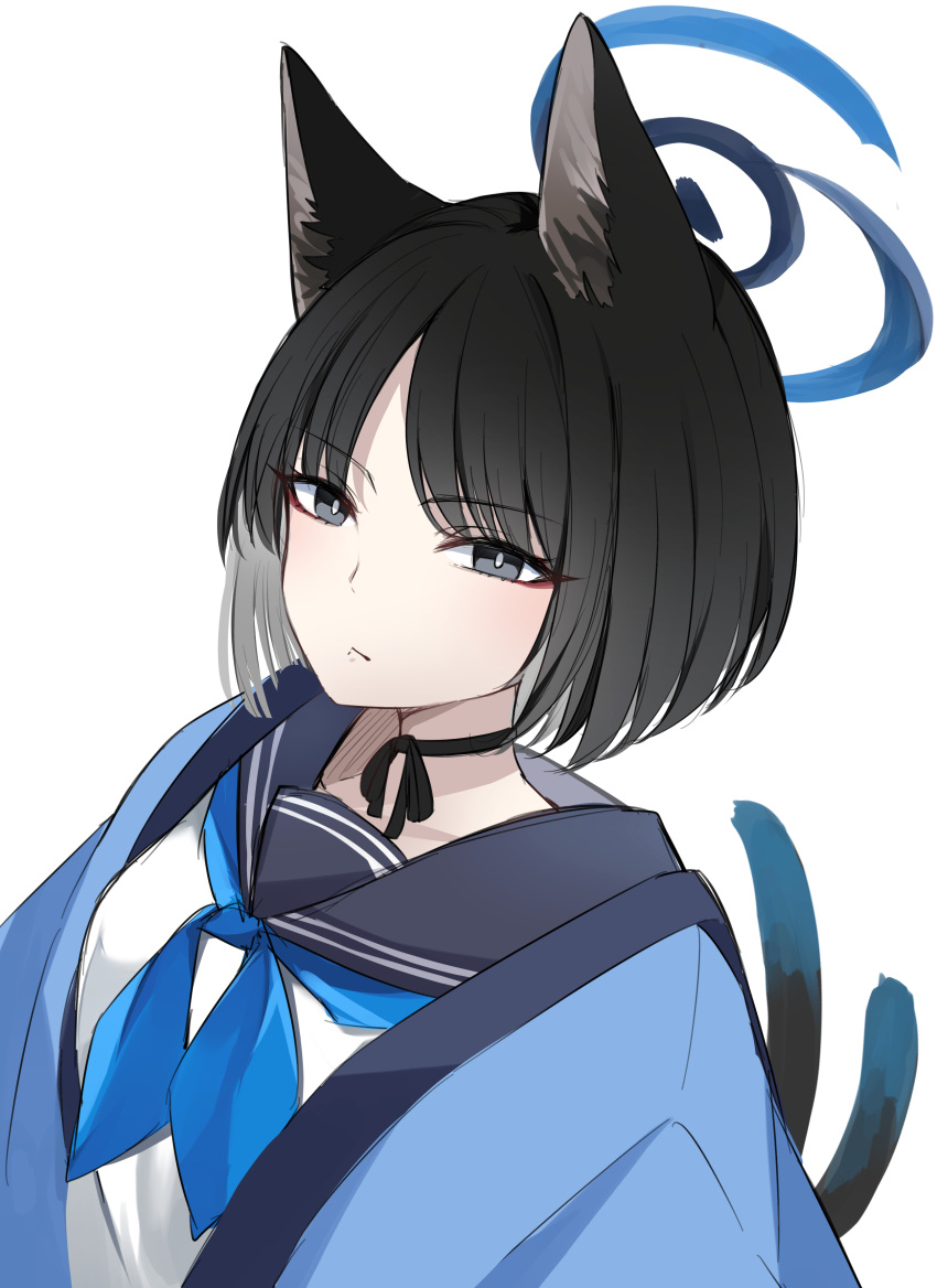 1girl absurdres black_eyes black_hair black_sailor_collar blue_archive blue_halo blue_neckerchief cat_tail closed_mouth eyeshadow futagoma halo haori highres japanese_clothes kikyou_(blue_archive) makeup multiple_tails neckerchief red_eyeshadow sailor_collar short_hair simple_background solo tail two_tails upper_body white_background
