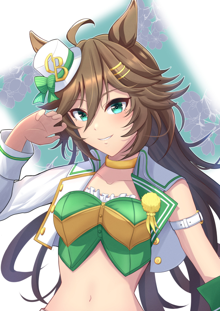 1girl ahoge animal_ears aqua_eyes arm_strap bangs brown_hair choker commentary_request crop_top green_shirt grin hair_between_eyes hair_ornament hairclip hand_up hat highres horse_ears jacket long_hair long_sleeves looking_at_viewer midriff mini_hat mini_top_hat missan_sun mr._c.b._(umamusume) navel open_clothes open_jacket partial_commentary shirt single_sleeve smile solo stomach strapless strapless_shirt top_hat umamusume upper_body very_long_hair white_headwear white_jacket yellow_choker