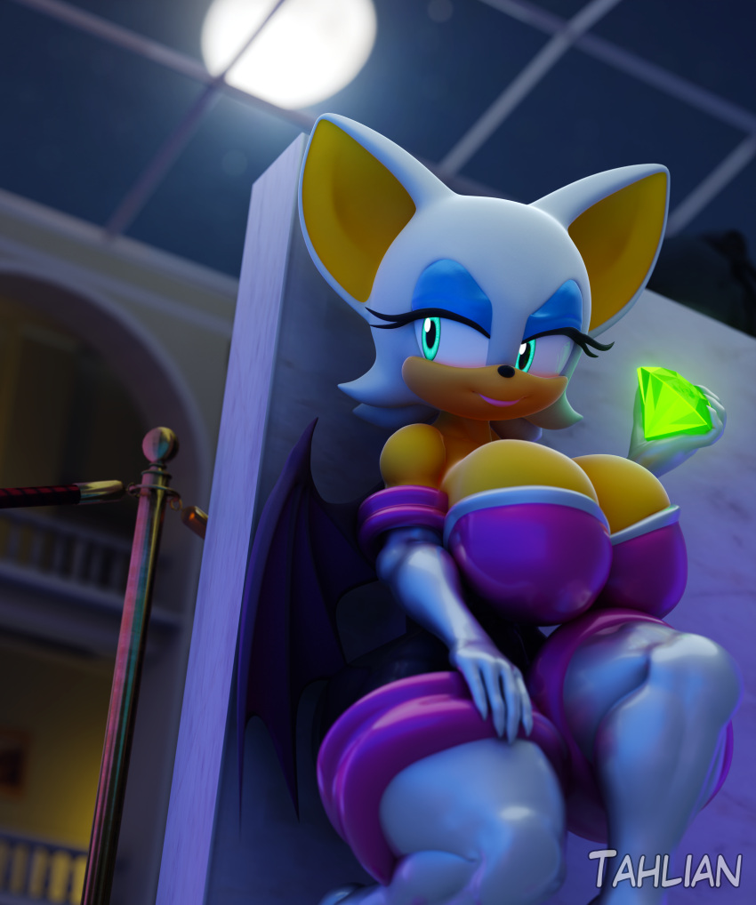 3d_(artwork) absurd_res anthro bat big_breasts breasts chaos_emerald cleavage clothed clothing curvy_figure digital_media_(artwork) female fur gem gloves handwear hi_res hiding huge_breasts inside kneeling latex makeup mammal membrane_(anatomy) membranous_wings moon night rouge_the_bat sega smile solo sonic_the_hedgehog_(series) tahlian thick_thighs wings