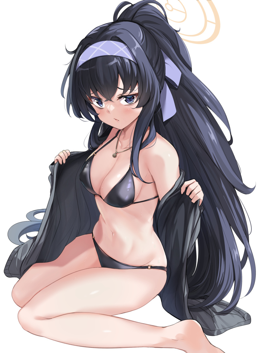 1girl bikini black_bikini black_hair blue_archive blue_eyes blue_hairband breasts commentary_request hairband halo highres hinata_sora jewelry long_hair medium_breasts navel necklace official_alternate_costume ponytail simple_background solo swimsuit thighs ui_(blue_archive) ui_(swimsuit)_(blue_archive) white_background yellow_halo