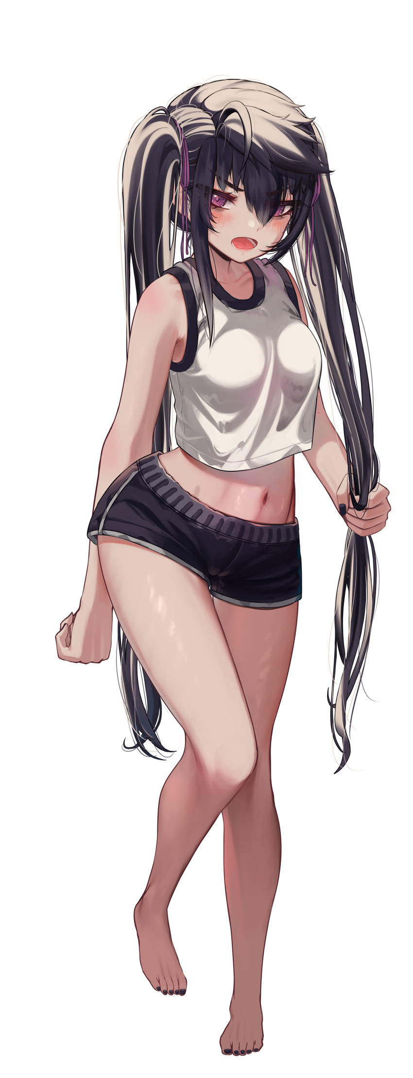 1girl absurdres ahoge arm_at_side barefoot black_hair black_shorts breasts collarbone commentary_request feet full_body hair_between_eyes highres long_hair looking_at_viewer nail_polish navel open_mouth original priite_hari_(torriet) short_shorts shorts solo standing tank_top teeth toes torriet twintails upper_teeth_only very_long_hair white_background white_tank_top