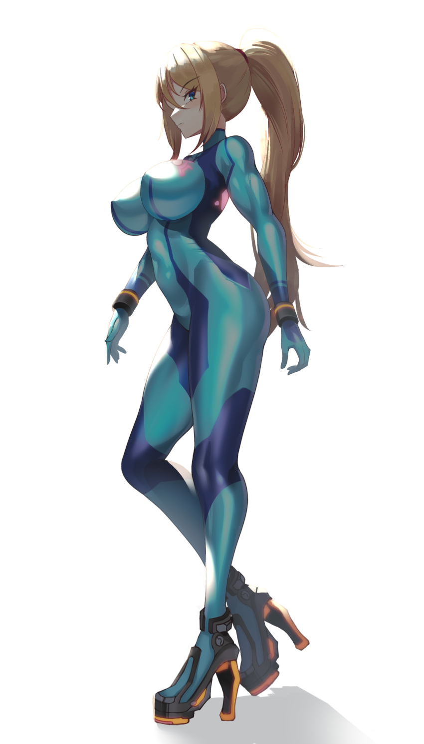 1girl blonde_hair blue_bodysuit blue_eyes bodysuit breasts highres impossible_bodysuit impossible_clothes large_breasts latex latex_bodysuit long_hair looking_at_viewer metroid ponytail power_suit samus_aran sidelocks skin_tight solo volyz zero_suit