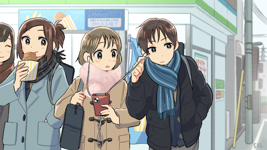 1boy 3girls black_jacket black_scarf blue_coat blue_scarf blush brown_coat brown_eyes brown_hair buttons cellphone closed_eyes coat convenience_store day dot_nose down_jacket earbuds earphones facing_another forehead grey_sky hand_in_pocket highres holding holding_phone jacket kojiro337 layered_clothes light_brown_hair listening_to_music long_bangs long_sleeves looking_to_the_side medium_hair multiple_girls original out_of_frame outdoors parted_bangs phone pink_scarf power_lines scarf sharing shop short_hair short_ponytail sidelocks signature sky smartphone sweatdrop upper_body utility_pole winter