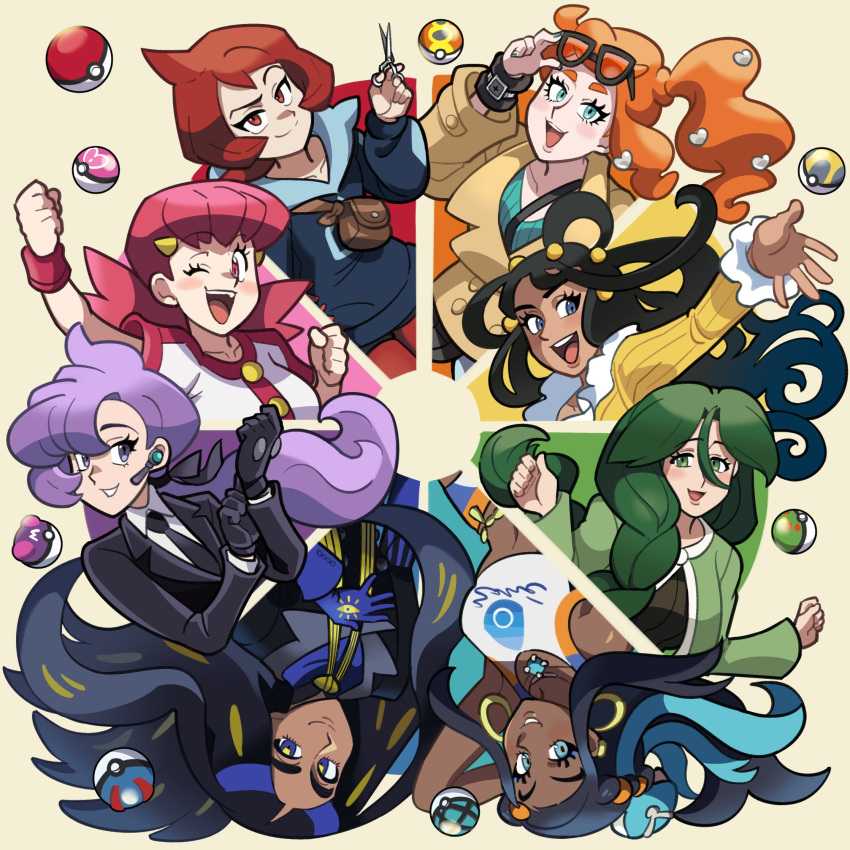 6+girls ahoge anabel_(pokemon) arezu_(pokemon) black_hair blue_eyes blue_hair cheryl_(pokemon) color_wheel_challenge colored_skin cowboy_shot dahlia_(pokemon) dark-skinned_female dark_skin dive_ball dress earpiece earrings friend_ball geeta_(pokemon) glasses gloves great_ball green_eyes green_hair hair_ornament highres jewelry love_ball loveycloud master_ball multiple_drawing_challenge multiple_girls nail_polish necktie nessa_(pokemon) non-web_source orange_hair pink_eyes pink_hair poke_ball pokemon ponytail purple_eyes purple_hair red_eyes red_hair repeat_ball scissors shirt sonia_(pokemon) suit swimsuit ultra_ball white_skin whitney_(pokemon) wristband