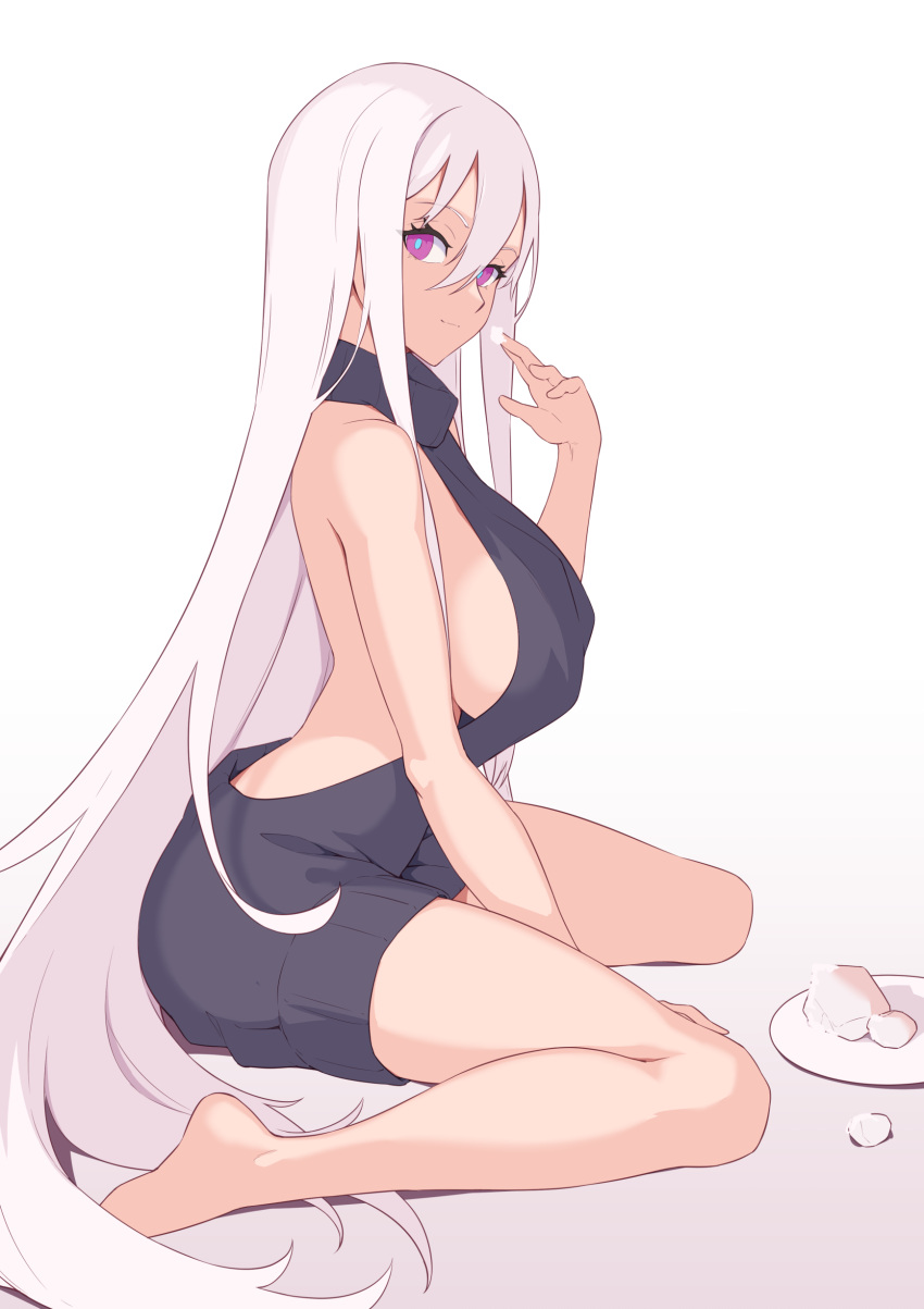 1girl absurdres alternate_costume azur_lane backless_outfit barefoot black_sweater breasts closed_mouth gradient_background hair_between_eyes highres jilu kearsarge_(azur_lane) large_breasts legs long_hair looking_at_viewer meme_attire purple_eyes revision sitting smile solo sweater thighs turtleneck turtleneck_sweater very_long_hair virgin_killer_sweater wariza white_background white_hair