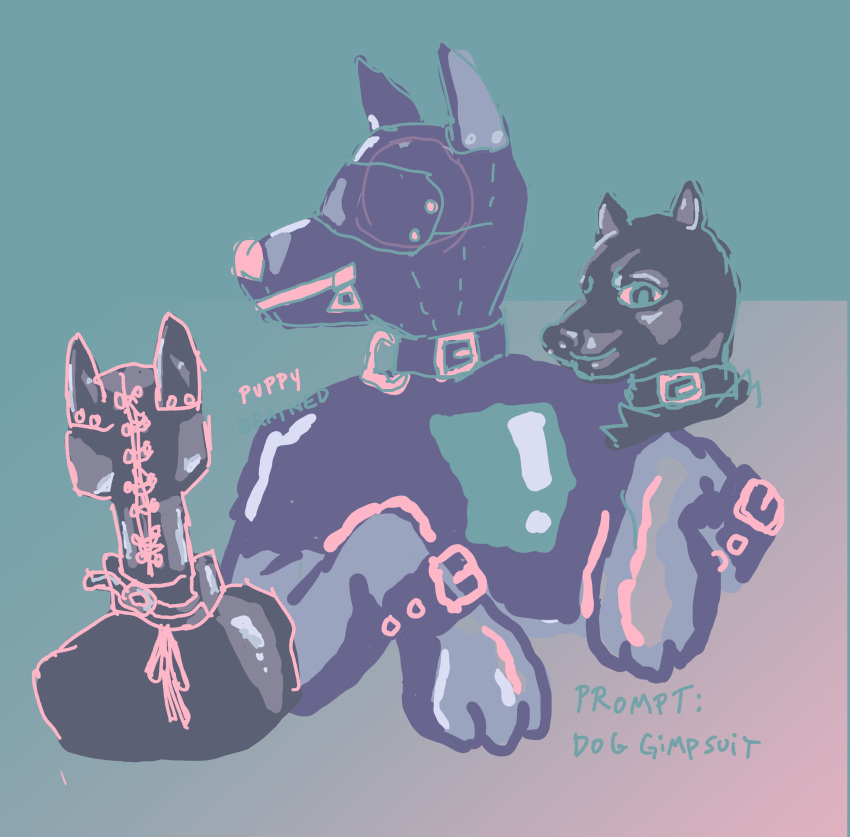 2022 absurd_res ambiguous_gender anthro bust_portrait canid canine clothing collar digital_media_(artwork) gimp_suit gradient_background hi_res latex_mask mammal pink_lines portrait puppybrained rubber rubber_clothing rubber_suit simple_background sketch solo