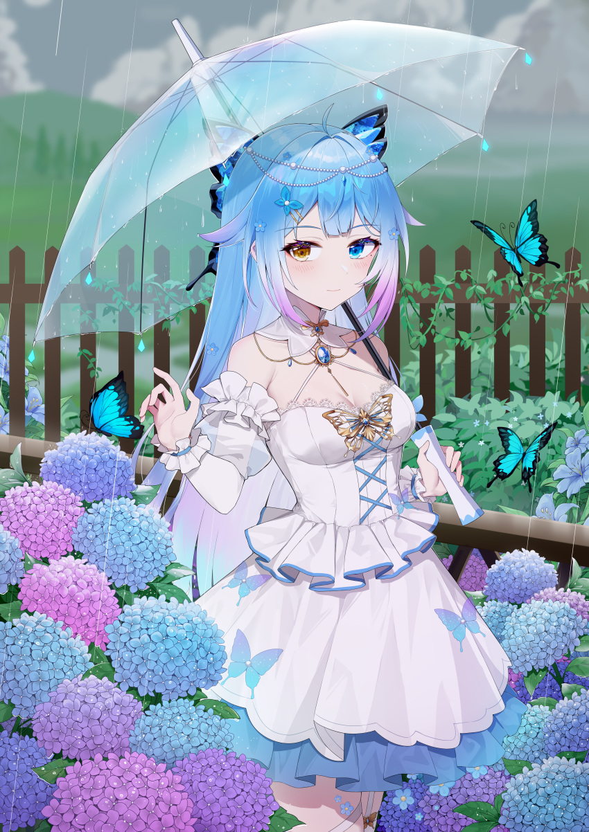 1girl absurdres ameki_(virtuareal) animal atsuishio bare_shoulders blue_eyes blue_flower blue_hair breasts brown_eyes bug butterfly butterfly_hair_ornament cleavage closed_mouth cloud cloudy_sky commentary_request day detached_sleeves dress flower gradient_hair hair_ornament hairclip highres holding holding_umbrella hydrangea layered_sleeves long_sleeves looking_at_viewer medium_breasts multicolored_hair nijisanji outdoors pink_flower puffy_short_sleeves puffy_sleeves purple_flower purple_hair rain see-through see-through_sleeves short_over_long_sleeves short_sleeves sky smile solo transparent transparent_umbrella umbrella virtual_youtuber virtuareal white_dress white_sleeves