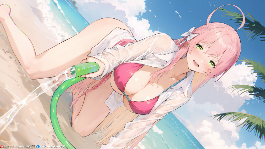 1girl ahoge beach bikini blue_archive blush bow braid breasts cleavage collarbone dan-98 day green_eyes hair_bow hanako_(blue_archive) hanako_(swimsuit)_(blue_archive) highres holding holding_hose hose large_breasts long_hair long_sleeves looking_at_viewer ocean official_alternate_costume open_mouth outdoors oversized_clothes oversized_shirt pink_bikini pink_hair see-through see-through_shirt shirt smile solo swimsuit wet wet_clothes wet_shirt white_bow white_shirt