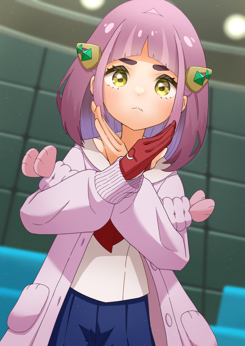 1girl absurdres arched_bangs blue_pants blurry blurry_background blush closed_mouth coat collared_shirt commentary_request crossed_wrists eyelashes gloves hair_ornament hands_up highres lacey_(pokemon) long_hair looking_at_viewer neckerchief open_clothes open_coat pants pokemon pokemon_(game) pokemon_sv purple_hair red_gloves red_neckerchief refisa shirt single_glove solo x_arms yellow_eyes