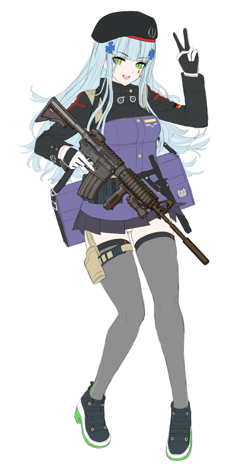 1girl :d absurdres arm_up assault_rifle beret black_footwear black_gloves black_headwear black_skirt blue_hair breasts cheogtanbyeong commentary_request facial_mark full_body girls'_frontline gloves green_eyes grey_thighhighs gun h&amp;k_hk416 hair_ornament hat highres hk416_(girls'_frontline) holding holding_gun holding_weapon jacket korean_commentary long_hair long_sleeves looking_at_viewer medium_breasts name_connection object_namesake pleated_skirt purple_jacket rifle shoes simple_background skirt smile solo thighhighs v very_long_hair weapon white_background