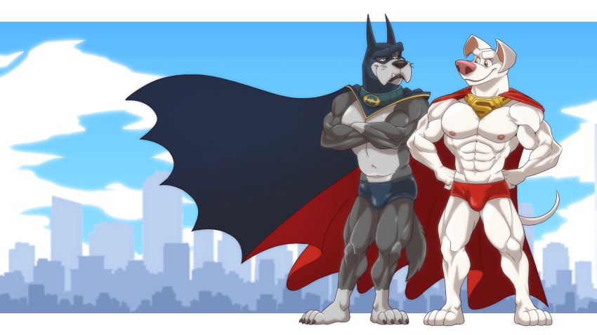 ace_the_bat-hound animal_humanoid anthro canid canid_humanoid canine canine_humanoid canis clothing dc_comics dc_league_of_super-pets dog_humanoid domestic_dog duo fur grey_body grey_fur hi_res humanoid krypto male male/male mammal mammal_humanoid muscular muscular_male nipples superhero superpowers underwear white_body white_fur zurdomon