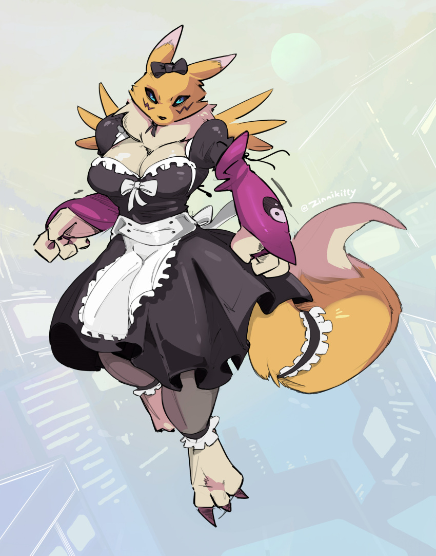 absurd_res anthro armwear bandai_namco big_breasts black_bow_tie black_sclera blue_eyes breasts bridal_gauntlets canid canine cleavage clothed clothing digimon digimon_(species) dipstick_tail female fingers fur hi_res legwear maid_apron maid_uniform male mammal markings multicolored_ears neck_tuft renamon simple_background solo tail tail_markings tuft uniform white_body white_fur yellow_body yellow_fur zinnick