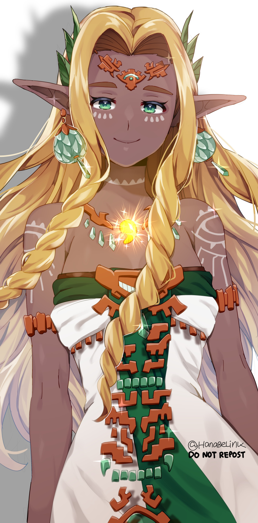 1girl absurdres aqua_eyes armlet arms_at_sides blonde_hair body_markings braid breasts cleavage cowboy_shot dark-skinned_female dark_skin dress earrings floating_hair glowing hair_intakes half-closed_eyes hanabelink highres hylia jewelry long_hair medium_breasts pendant pointy_ears princess_zelda shadow sheikah simple_background smile solo sparkle strapless strapless_dress the_legend_of_zelda the_legend_of_zelda:_tears_of_the_kingdom traditional_clothes twin_braids twitter_username very_long_hair white_background white_dress wind