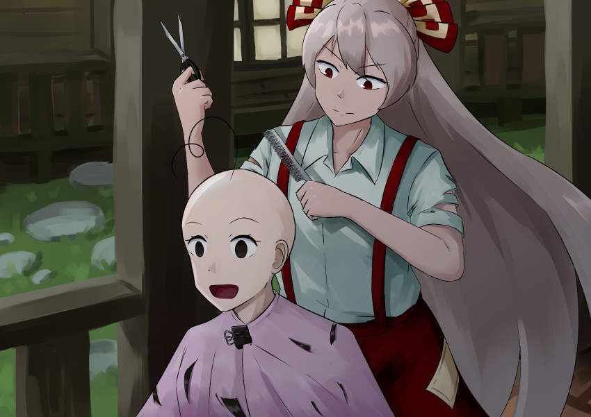 2girls :d absurdres ahoge bald bald_girl bow collared_shirt comb commentary cutting_hair empty_eyes english_commentary false_smile fujiwara_no_mokou grass grey_hair hair_bow highres holding holding_comb holding_scissors houraisan_kaguya long_hair multiple_girls muzilana ofuda ofuda_on_clothes pants railing red_eyes red_pants scissors severed_hair shirt smile suspenders torn_clothes torn_sleeves touhou white_bow white_shirt