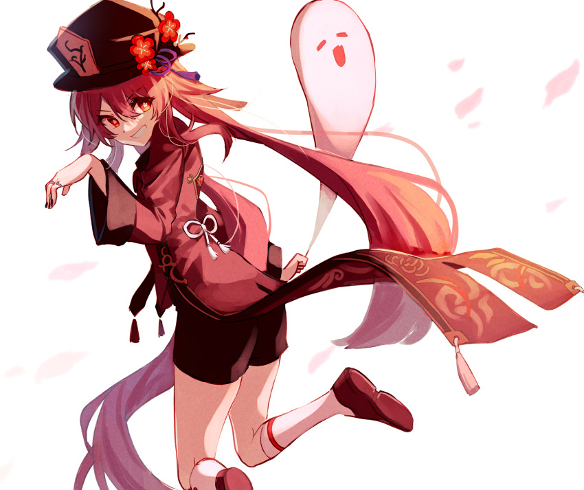 1girl black_headwear black_nails black_shorts boo_tao_(genshin_impact) bright_pupils brown_coat brown_footwear brown_hair coat coattails flower flower-shaped_pupils genshin_impact ghost grin hat hat_flower hat_tassel highres hu_tao_(genshin_impact) long_hair long_sleeves looking_at_viewer ohagi_(manmarusan) orange_eyes shorts simple_background smile socks solo symbol-shaped_pupils twintails very_long_hair white_background white_pupils white_socks