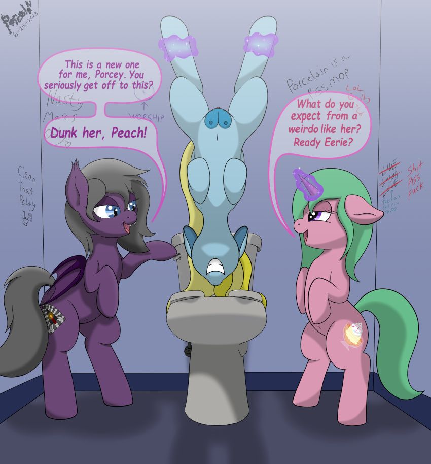 absurd_res anticipation bat_pony bathroom bedroom_eyes bipedal_feral clitoris cutie_mark dialogue eerie_shrine_(oc) english_text equid equine fan_character fangs female female/female feral friendship_is_magic genitals graffiti group hasbro hi_res horn horse levitation magic mammal my_little_pony narrowed_eyes nipples peach_melba_(oc) pegasus pony porcelain_wave_(oc) porcelon seductive smile smiling_at_another speech_bubble suspended_in_midair teats teeth telekinesis text toilet toilet_play trio unicorn upside_down wings