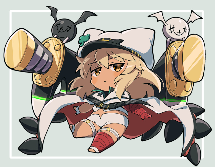 1girl bandaged_arm bandages blonde_hair cape chibi clover dark-skinned_female dark_skin floating floating_object floating_sword floating_weapon four-leaf_clover guilty_gear guilty_gear_strive hair_between_eyes highres itsuka_neru long_hair looking_at_viewer lucifero_(guilty_gear) orange_eyes ramlethal_valentine red_bandage short_shorts shorts simple_background sword thigh_strap weapon white_headwear white_shorts