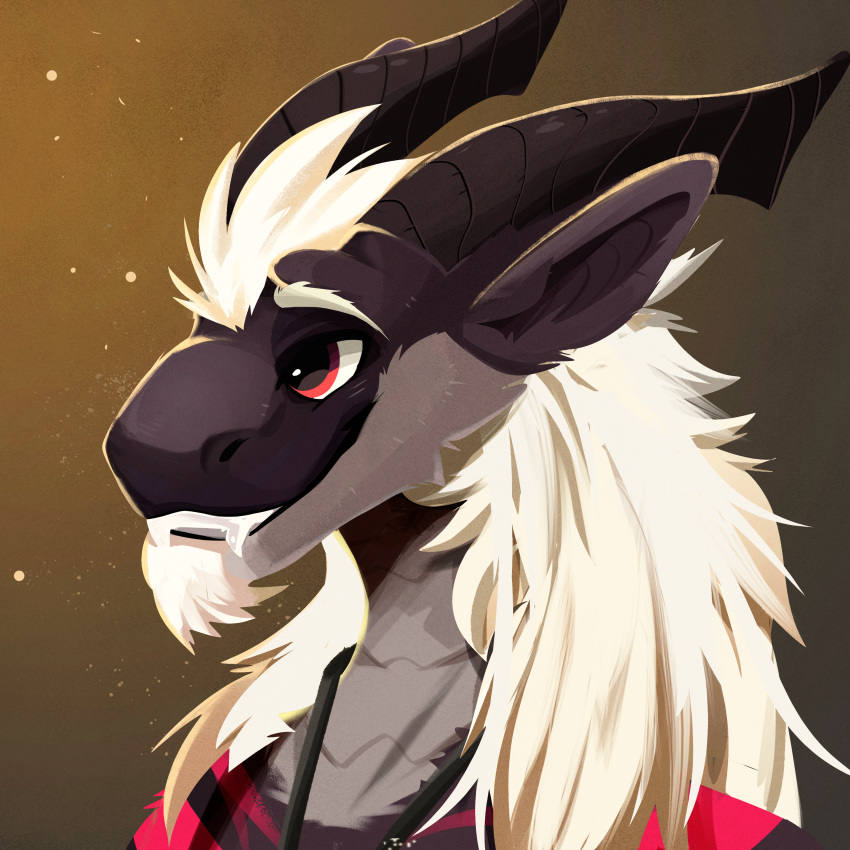 absurd_res anthro black_body black_fur black_horn eyebrows facial_tuft fangs felkin fur grey_body grey_scales hair headshot_portrait hi_res horn jewelry male markings necklace portrait red_eyes red_markings scales smile solo teeth thescraw vulthar_(kiyba) white_eyebrows white_hair