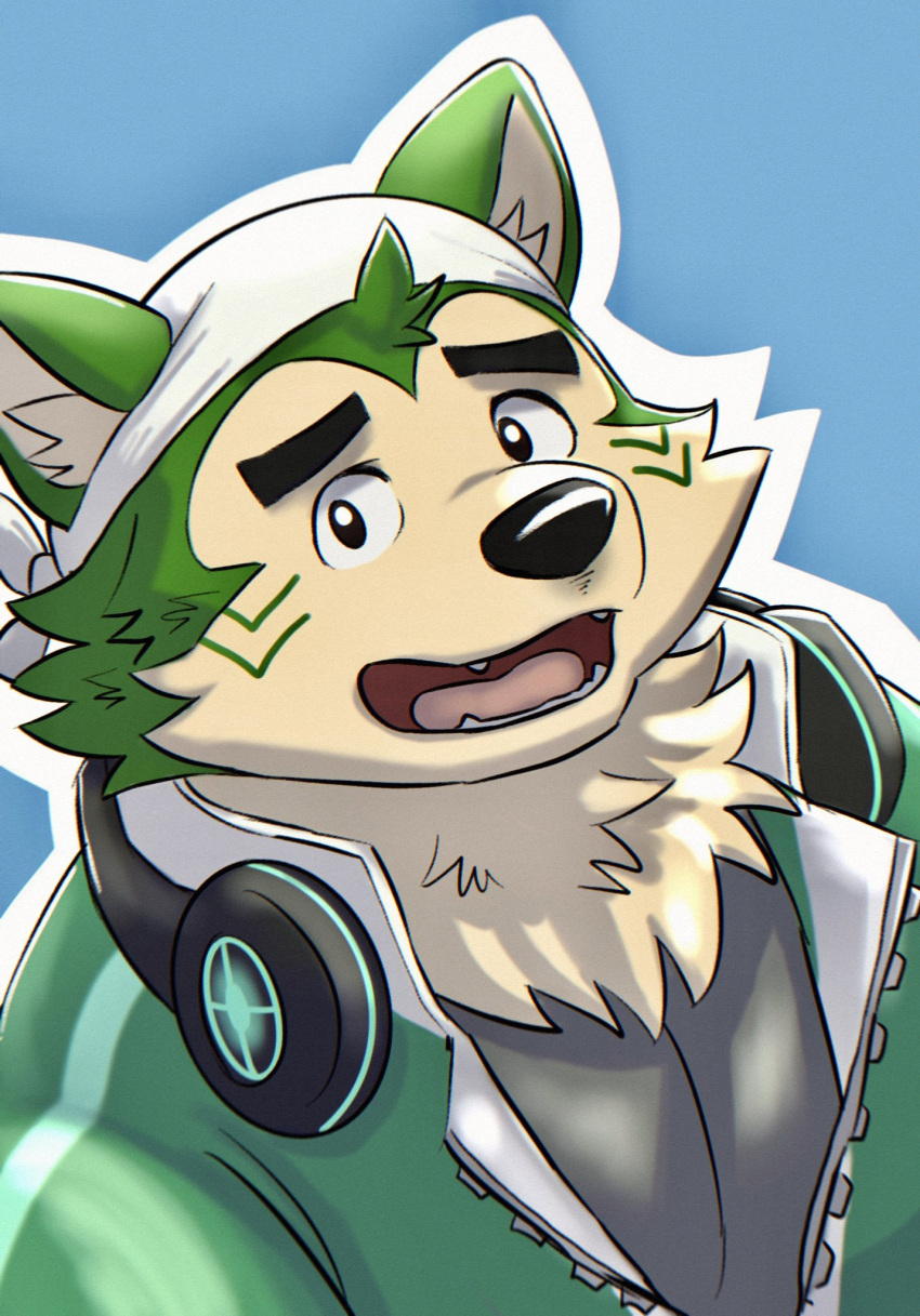 anthro bandanna canid canine canis domestic_dog eyebrows fur green_body green_fur headphones headphones_around_neck hi_res kerchief ksky21 lifewonders live_a_hero looking_at_viewer male mammal mokdai shy solo thick_eyebrows