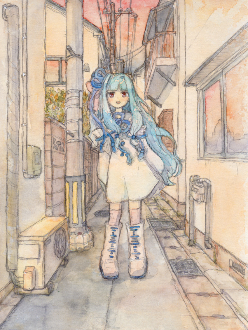 1girl absurdres air_conditioner alley arms_at_sides blue_hair blue_ribbon blunt_bangs blush bone_71 boots commentary detached_sleeves dress floating_hair flower_knot full_body hair_intakes hair_ribbon highres house industrial_pipe knee_boots kotonoha_aoi long_hair looking_at_viewer open_mouth outdoors painting_(medium) pink_sky pink_thighhighs power_lines red_eyes ribbon short_dress sidelocks sky smile solo standing storm_drain thighhighs traditional_media twilight utility_pole very_long_hair voiceroid watercolor_(medium) white_dress white_footwear wide_shot window