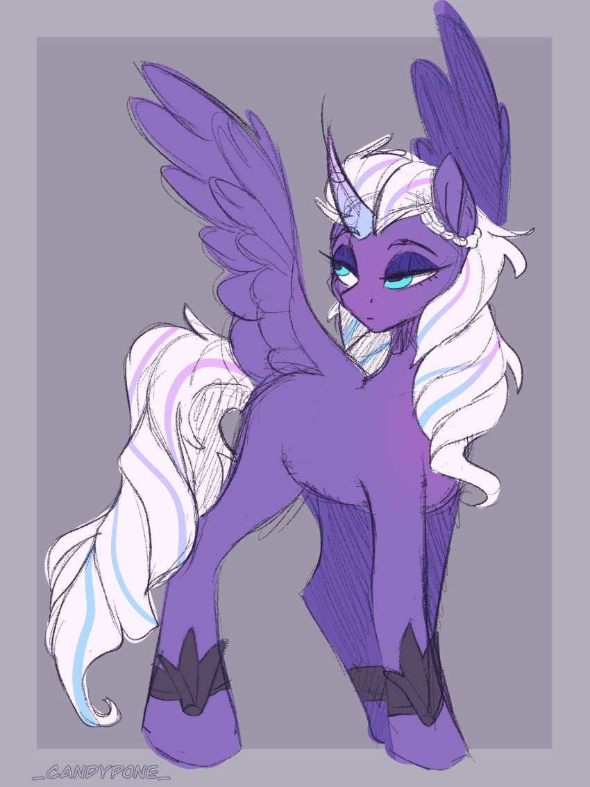 blue_eyes braided_tail candypone colored_sketch equid equine eyebrows eyeshadow feathered_wings feathers female feral fur hair half-closed_eyes hasbro hi_res horn makeup mammal mlp_g5 multicolored_hair my_little_pony narrowed_eyes opaline_(mlp) purple_body purple_feathers purple_fur signature sketch solo spread_wings tail two_tone_hair two_tone_tail white_hair white_tail winged_unicorn wings