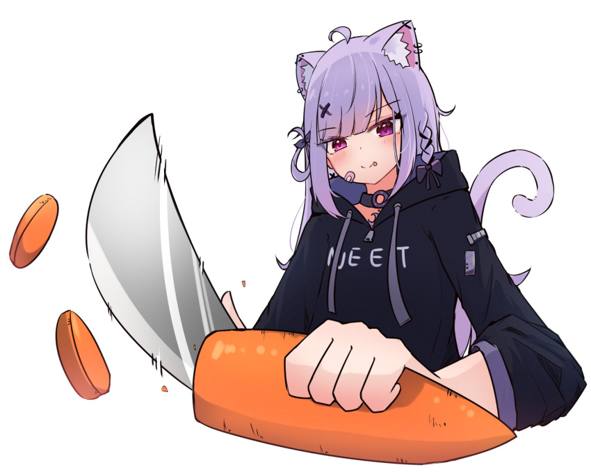 ahoge animal_ear_fluff animal_ears bandaid bandaid_on_face black_hoodie blunt_bangs carrot cat_ears cat_tail chopping gradient_hair hair_ornament hairpin heterochromia highres hood hoodie indie_virtual_youtuber knife long_hair long_sleeves mikeneko_(utaite) milk_tea_1993 multicolored_hair pink_eyes purple_eyes purple_hair sidelocks tail tongue tongue_out upper_body white_background