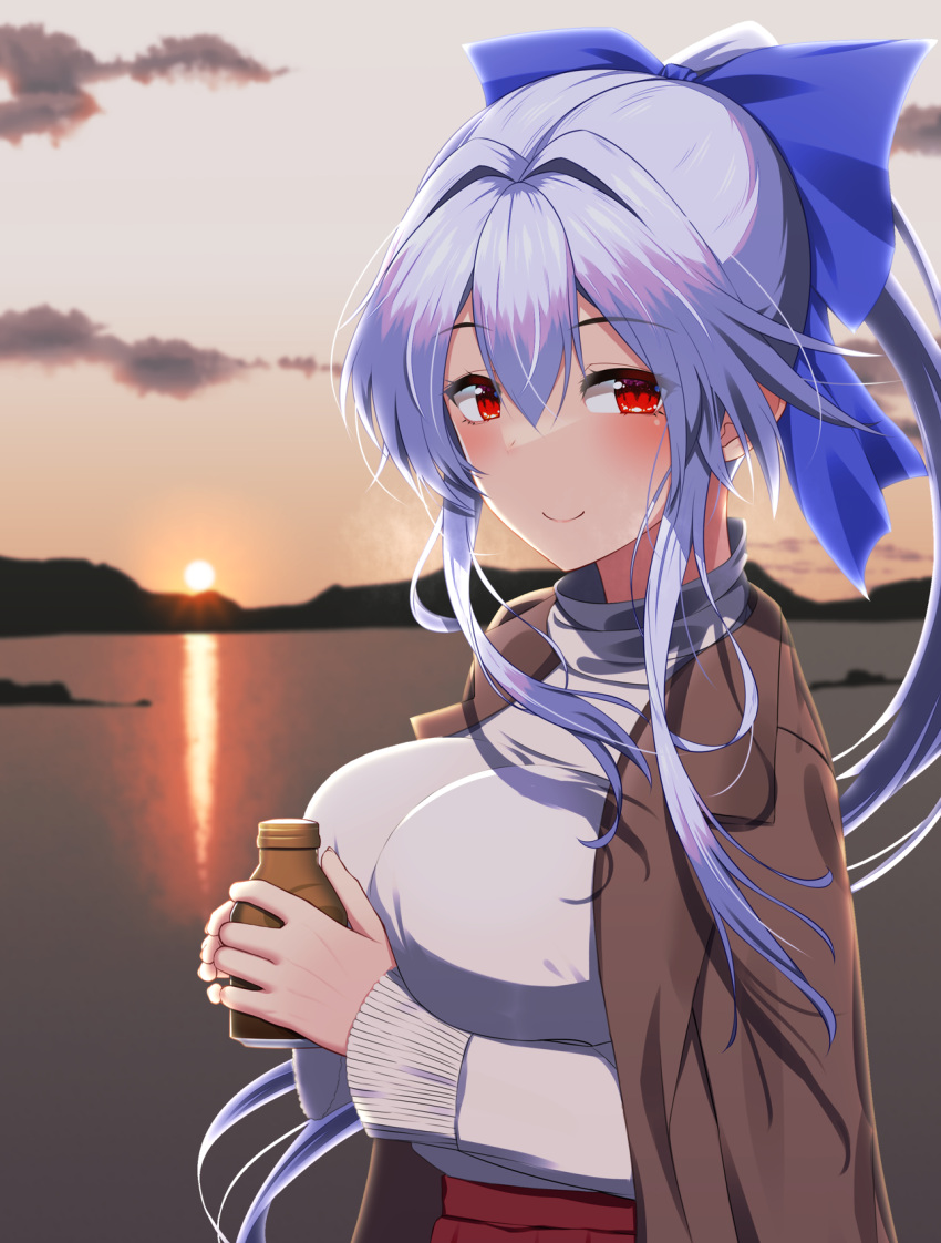 1girl blue_bow blush bottle bow breasts brown_coat cloud coat coat_on_shoulders commentary_request fate/grand_order fate_(series) grey_hair grey_sweater hair_between_eyes hair_bow happy_new_year highres holding holding_bottle huge_breasts kuroshiro_(ms-2420) long_hair looking_at_viewer ponytail red_eyes smile solo sweater tomoe_gozen_(fate) turtleneck turtleneck_sweater water