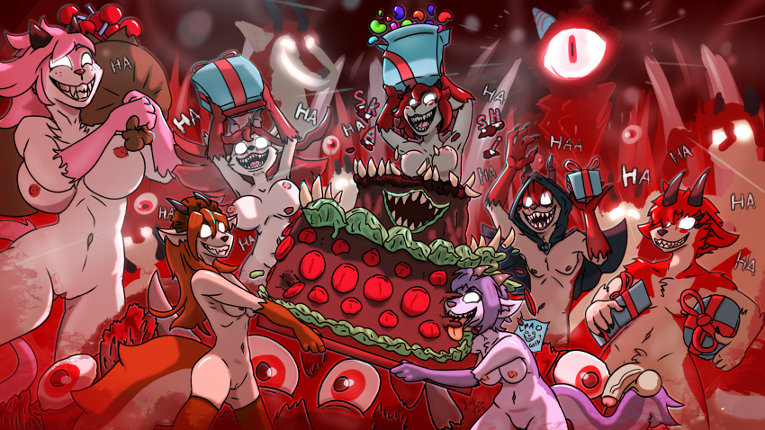 breasts cake canid canine chuckline_(character) dessert destruteka eyes food genitals gift grinion grizmo_(character) hi_res horn huge_cake hysterical-shisa_(destruteka) mammal penis red_body rire_(character) shivering-dez_dez_(destruteka) smile smiley_cindy_(skashi95) tail titter-tina_(kazukio)
