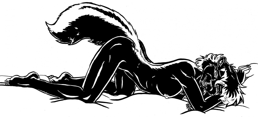 anthro ass_up bed_sheet bedding bedroom_eyes black_and_white breasts female fur hair hi_res looking_at_viewer mammal mephitid monochrome narrowed_eyes nipples seductive skunk solo style_wager tracey_(ews) tracey_tailor