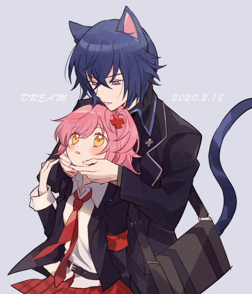 1boy 1girl 2020 animal_ears artist_name bag black_jacket blazer blue_eyes blue_hair blush cat_boy cat_ears cat_tail closed_mouth collared_shirt dark_blue_hair dated dream_(1791923913) hetero highres hinamori_amu jacket long_sleeves looking_at_another necktie open_mouth orange_eyes pink_hair plaid plaid_skirt red_armband red_necktie red_skirt school_bag school_uniform seiyo_academy_school_uniform shirt short_hair shugo_chara! skirt tail tsukiyomi_ikuto white_shirt