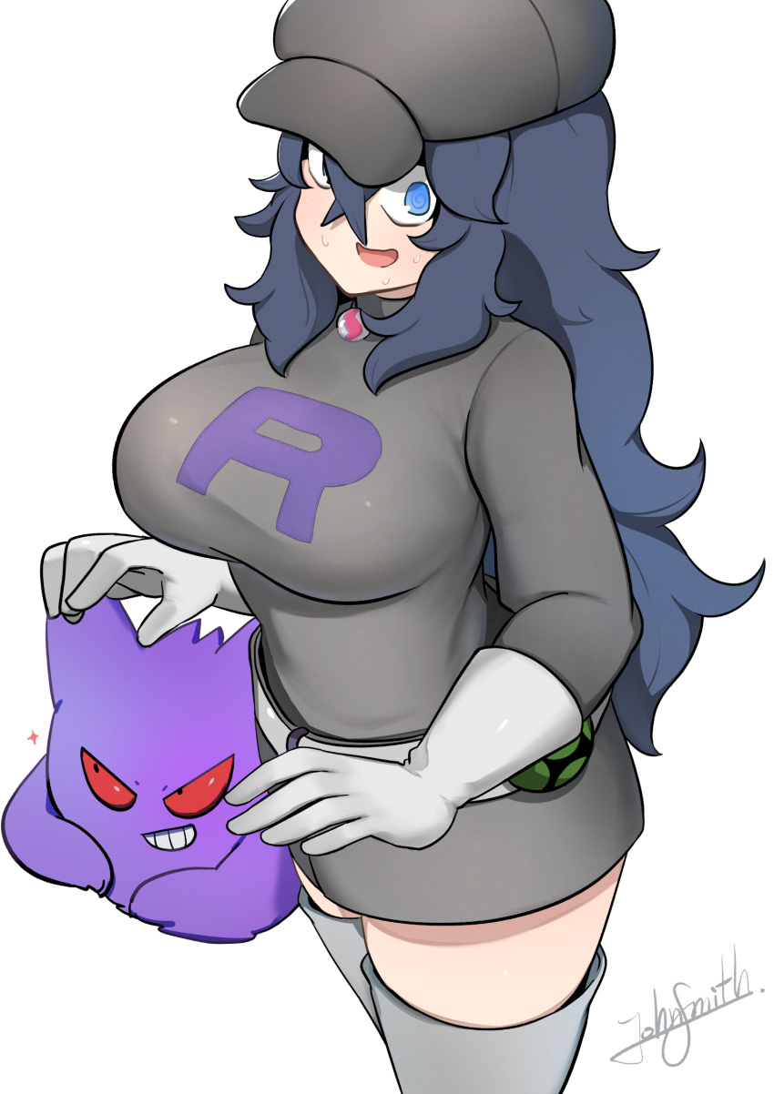 1girl @_@ alternate_breast_size blush breasts gengar gloves hair_between_eyes hat hex_maniac_(pokemon) highres huge_breasts john_(a2556349) long_hair looking_at_viewer messy_hair open_mouth pokemon pokemon_(creature) pokemon_(game) pokemon_xy purple_eyes purple_hair skirt smile team_rocket team_rocket_uniform thighhighs