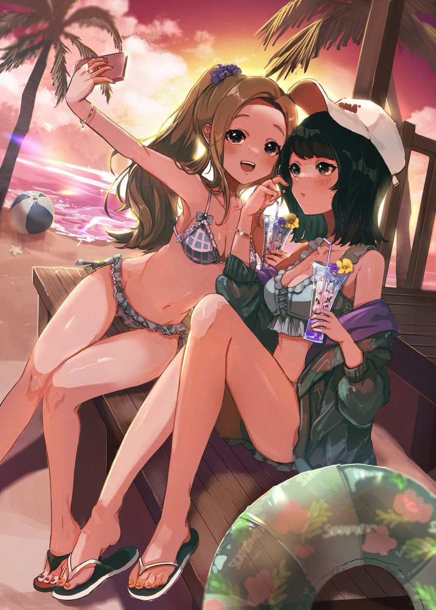 2girls absurdres arm_up armpits ball baseball_cap beach beachball bikini black_hair blush breasts brown_hair cellphone character_request closed_mouth cloud cloudy_sky collarbone colored_inner_hair copyright_request cup drinking_glass dutch_angle fa2_(etu831) feet flip-flops foot_out_of_frame forehead frilled_bikini frills full_body green_hair grey_bikini hair_ornament hair_scrunchie hands_up hat highres holding innertube jacket knee_up knees_together_feet_apart legs long_hair long_sleeves looking_to_the_side medium_breasts medium_hair multicolored_hair multiple_girls nail_polish navel ocean off_shoulder open_clothes open_jacket open_mouth orange_nails orange_sky outdoors outstretched_arm palm_tree parted_bangs phone plaid plaid_bikini ponytail red_nails sandals scrunchie selfie shiny_skin sitting sky smartphone soles starfish sunset swimsuit teeth thighs toenail_polish toenails toes tree upper_teeth_only water white_headwear