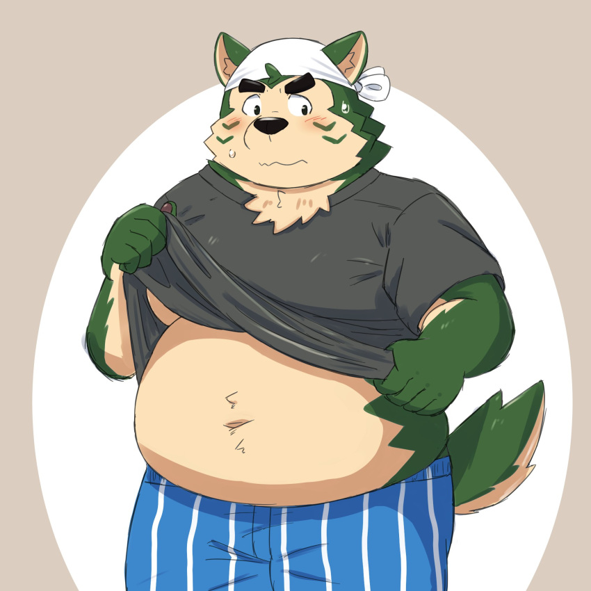 2023 anthro black_nose blush canid canine canis clothed clothing clothing_lift domestic_dog green_body hi_res kemono lifewonders live_a_hero male mammal mokdai overweight overweight_male shirt shirt_lift simple_background solo topwear underwear yaki_atsuage