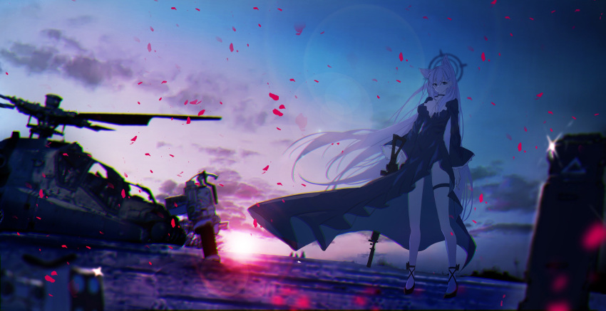 1girl aircraft animal_ear_fluff animal_ears assault_rifle black_choker black_dress black_footwear blue_archive blue_sky breasts choker cleavage closed_mouth cloud commentary dress grey_hair gun hair_between_eyes halo helicopter highres holding holding_gun holding_weapon large_breasts long_hair looking_at_viewer outdoors petals re:rin rifle shiroko_(blue_archive) shiroko_(terror)_(blue_archive) shoes sig_550 sky solo standing sunrise very_long_hair weapon wide_shot wreckage